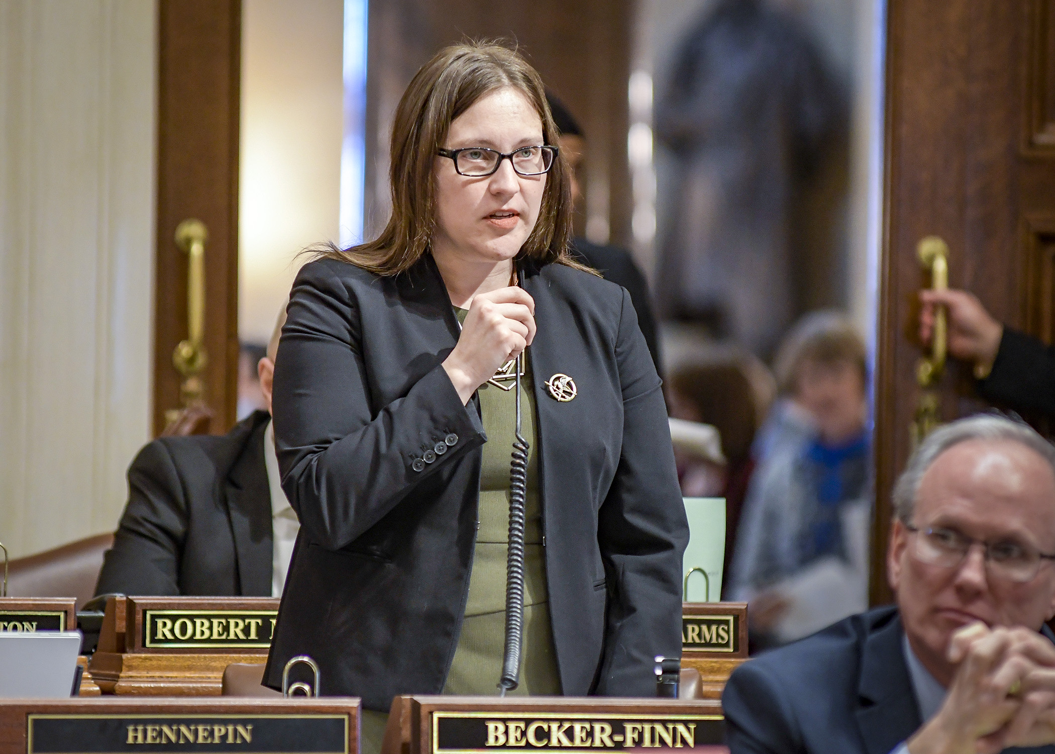 Rep. Jamie Becker-Finn presents HF586, a bill that would declare the first Saturday of October as Veterans Suicide Awareness Day, on the House floor March 11. Photo by Andrew VonBank